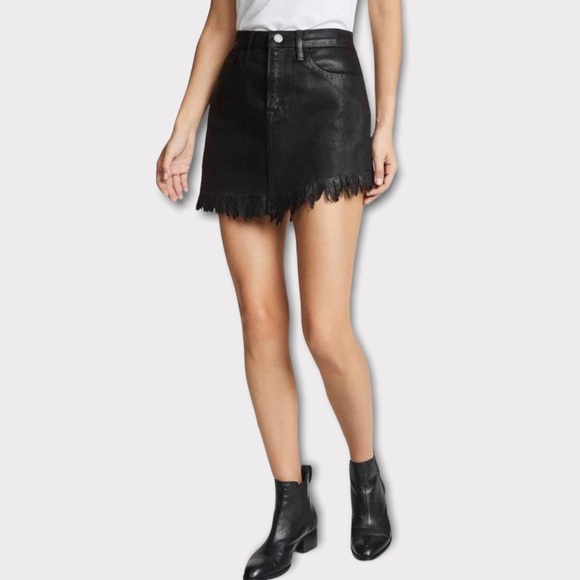 Etienne Marcel Denim Black Frayed Assymmetric Scallop Jean Mini Skirt Size 28 - Picture 2 of 10